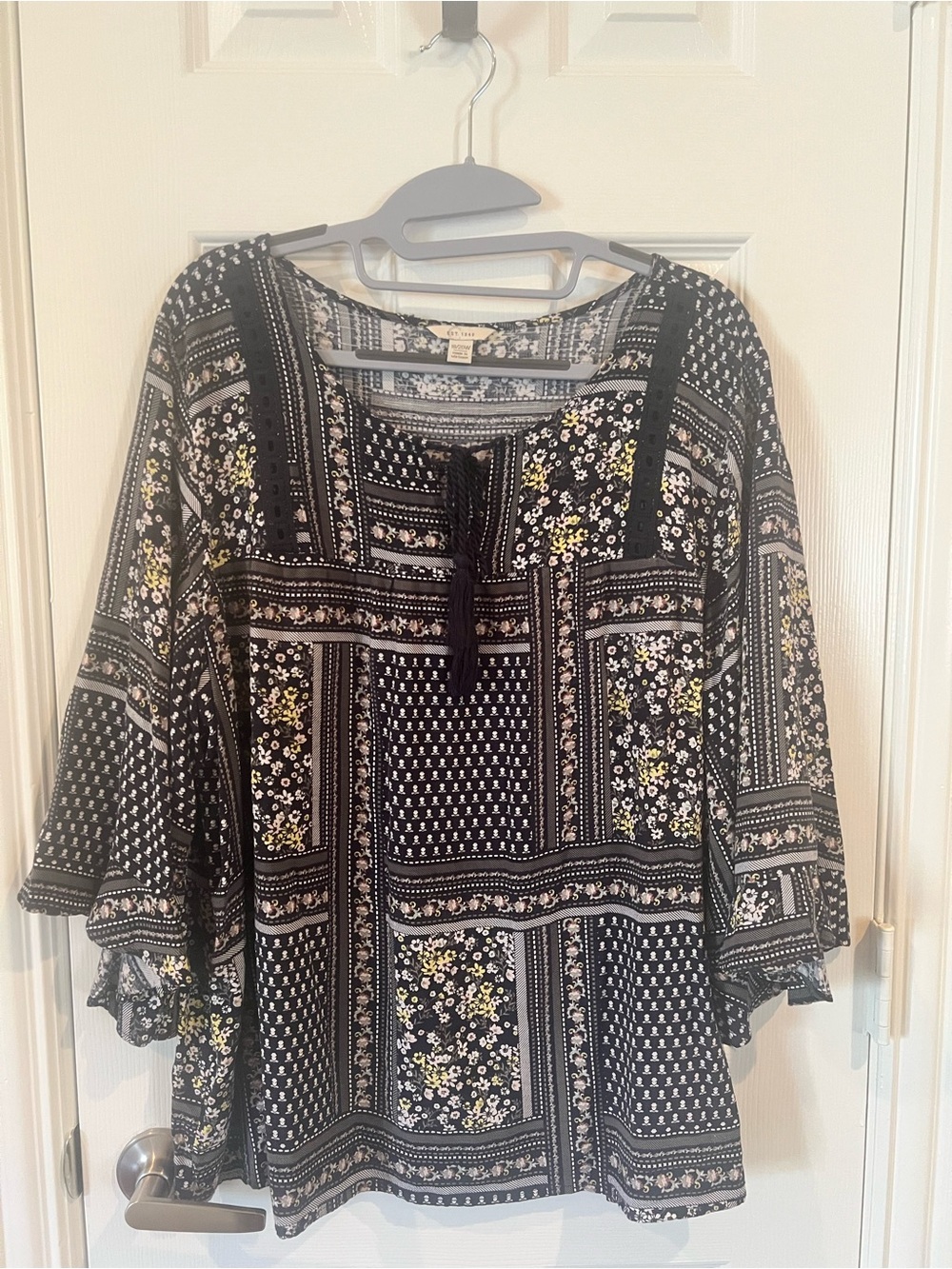 Women's Black Floral Boho Peasant Blouse with Tassel Tie
